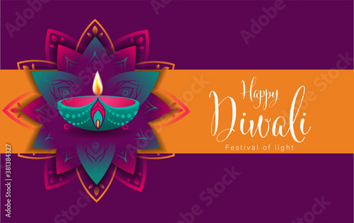 Happy Diwali or Deepavali Vector Illustration, Indian Festival of Diya Lights Poster Template, Diwali Celebration Flat Design, Suitable For Header Web Flyer and Background
