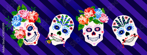 Day of the dead, Halloween, Dia de los muertos horizontal banner floral colorful skull, pattern design background photo