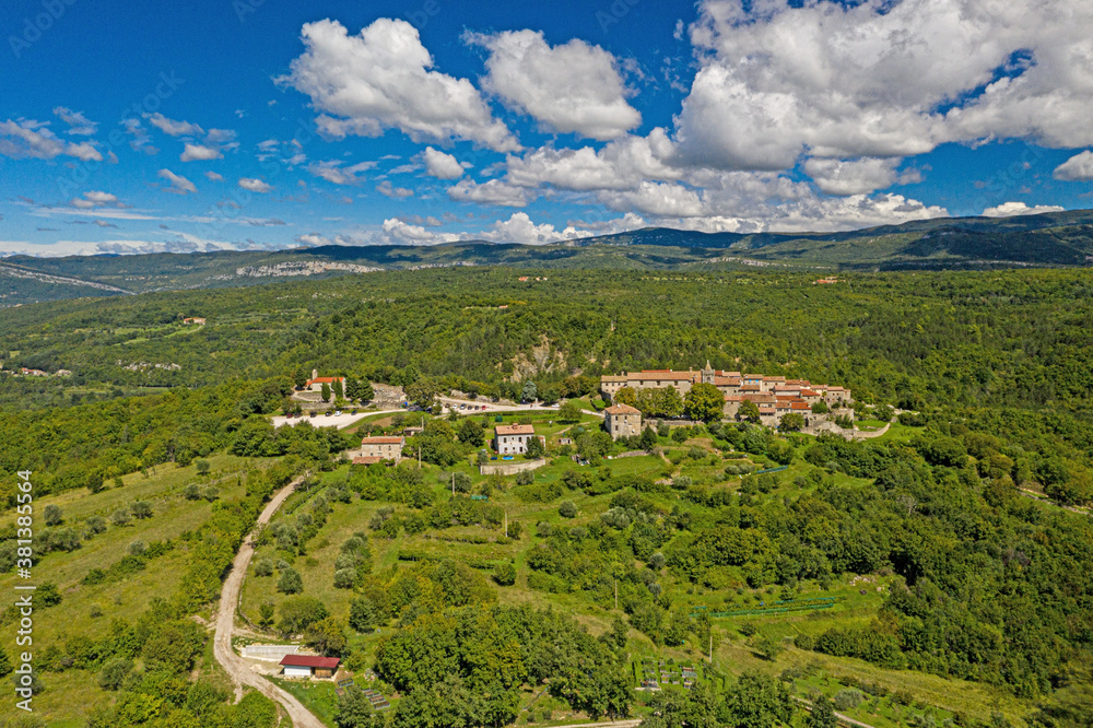 Panoramic aerial drone picture of Hum in Croatia, the smallest city in the world, during daytime