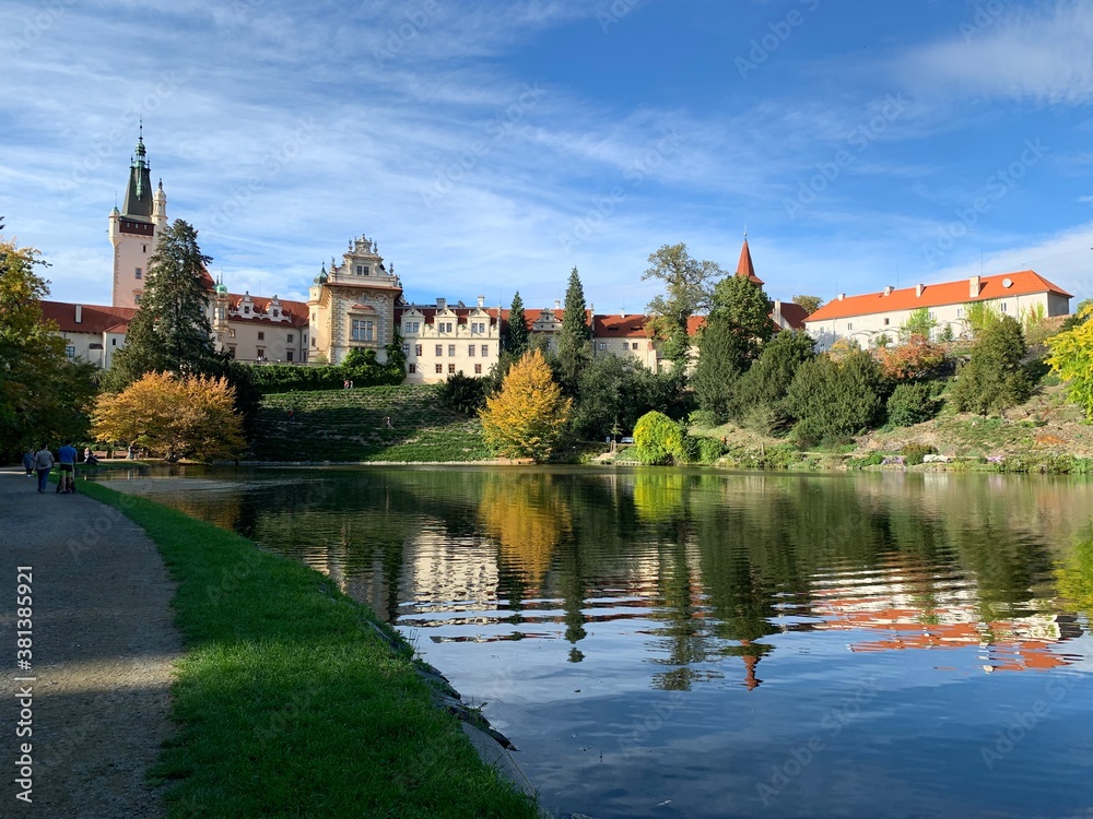 castle and lake view in autumn