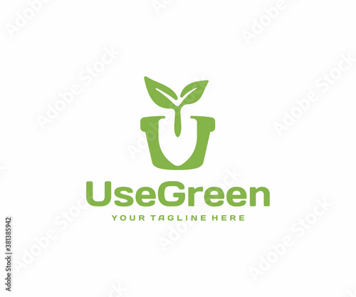 Indoor gardening logo design. House plant with garden shovel vector design. Flower pot with sprout logotype