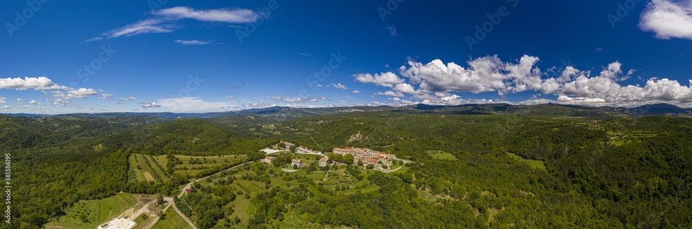 Panoramic aerial drone picture of Hum in Croatia, the smallest city in the world, during daytime