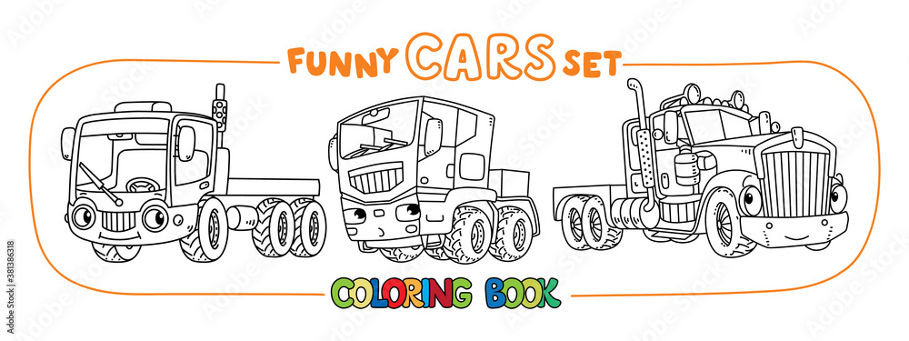 Funny heavy truck with eyes. Coloring book set