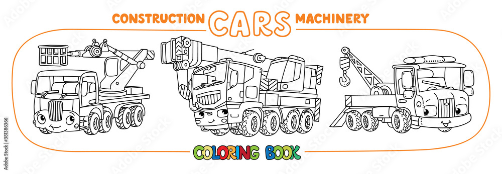 Funny mobile crane cars set. Coloring book