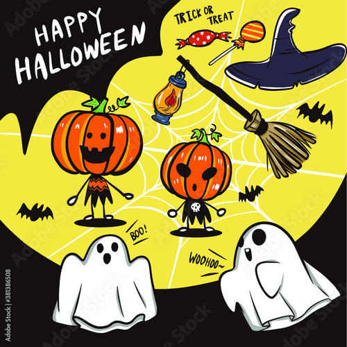Halloween vector holiday happy pumpkin illustration witch broom trick or treat SLOGAN candy cartoon material card photo frame party accessory design