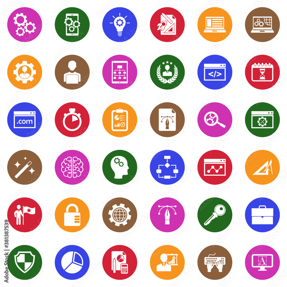 Development Icons. White Flat Design In Circle. Vector Illustration. Development Icons. White Flat Design In Circle. Vector Illustration.