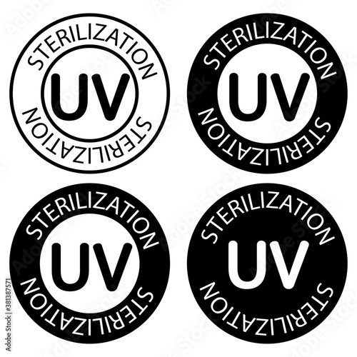 UV sterilization stamp. UV light disinfection. Badge set for ultraviolet sterilization. Ultraviolet germicidal irradiation. Surface cleaning, medical decontamination procedure. Vector