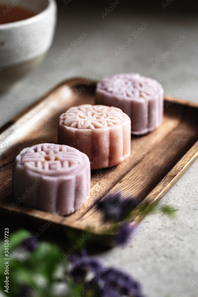 Pastel color Mooncake with Soybean paste and salted egg filling for Lantern festival or Mooncake festival