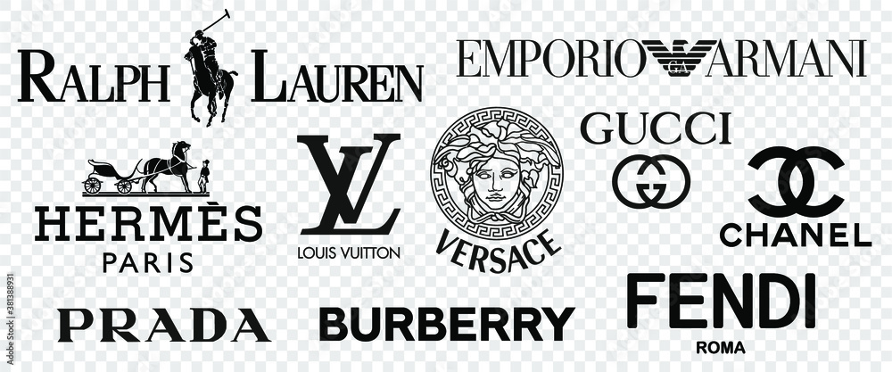 10 most popular clothing brands. Logo Louis Vuitton, GUCCI, Hermes, Prada, Coco Chanel, Ralph Versace, Armani. Vector illustration Stock Vector | Adobe Stock