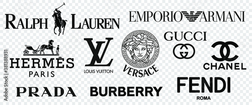 Vektorová grafika „Top and most popular clothing brands. Logo Louis Vuitton,  GUCCI, Hermes, Prada, Coco Chanel, Ralph Lauren, Burberry, Versace, Fendi,  Armani, valentino, Kors, kenzo and more. Vector illustration“ ze služby  Stock