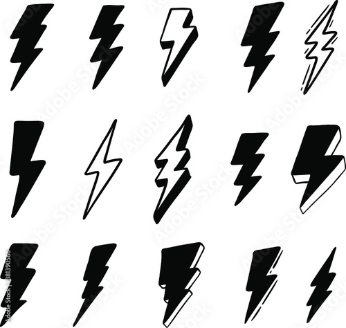 Lightning doodle set. Hand drawn thunder bolts, black line art. Vector illustration collection of cartoon style lightning bolts.