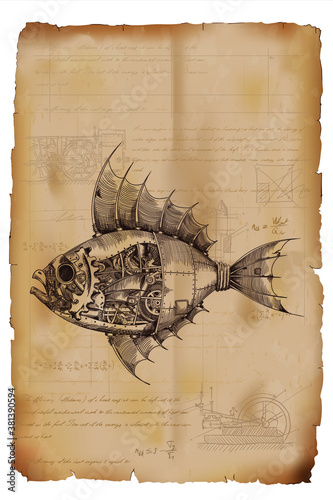Fish with a metal body on mechanical control in steampunk style on the background of old crumpled paper with drawings, formulas and technical notes.