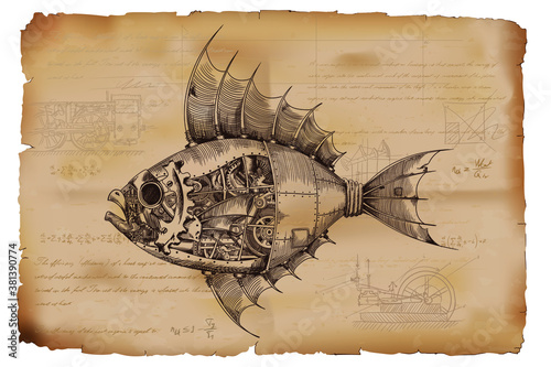 Fish with a metal body on mechanical control in steampunk style on the background of old crumpled paper with drawings, formulas and technical notes.