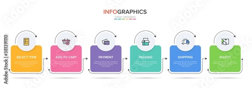 Concept of shopping process with 6 successive steps. Six colorful graphic elements. Timeline design for brochure, presentation, web site. Infographic design layout.
