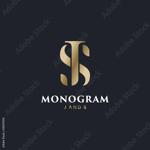 monogram logo vector js design with gold color and dark background
