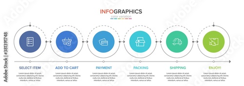 Concept of shopping process with 6 successive steps. Six colorful graphic elements. Timeline design for brochure, presentation, web site. Infographic design layout.