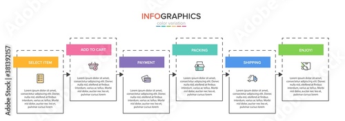 Concept of shopping process with 6 successive steps. Six colorful graphic elements. Timeline design for brochure, presentation, web site. Infographic design layout.