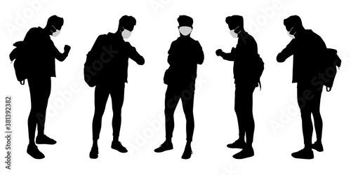 Vector concept conceptual  silhouette men talking while social distancing as means of prevention and protection against coronavirus contamination. A metaphor for the new normal.