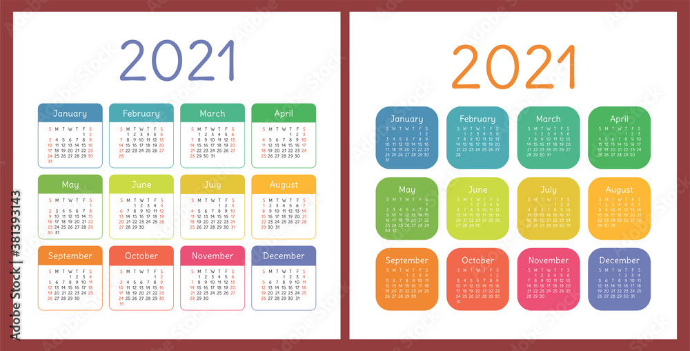 Calendar 2021 year set. Vector pocket or wall square calender design template collection. January, February, March, April, May, June, July, August, September, October, November, December Calendar 2021 year set. Vector pocket or wall square calender design template collection. January, February, March, April, May, June, July, August, September, October, November, December
