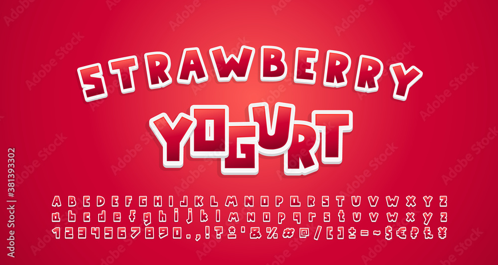 Cute food Alphabet sweet strawberry color, 3d sticker style. Cartoon font, uppercase and lowercase letters, numbers, symbols. Vector illustration
