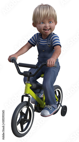 3d Illustration of a cute kid riding a bicycle