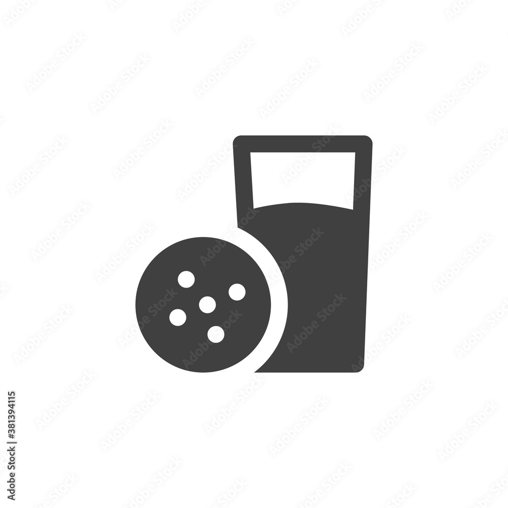 Milk and cookies vector icon. filled flat sign for mobile concept and web design. Milk glass with chip cookie glyph icon. Symbol, logo illustration. Vector graphics Milk and cookies vector icon. filled flat sign for mobile concept and web design. Milk glass with chip cookie glyph icon. Symbol, logo illustration. Vector graphics