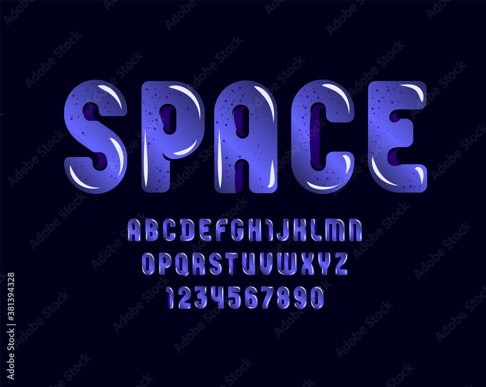 Violet slime font, cute alphabet in the cartoon style, green rounded letters from A-Z and numbers from 0-9 for you designs: logo, t-shirt, card, poster, vector illustration 10EPS