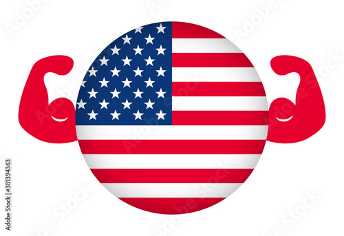 円形の星条旗と力こぶ（強いアメリカのイメージイラスト）影付き