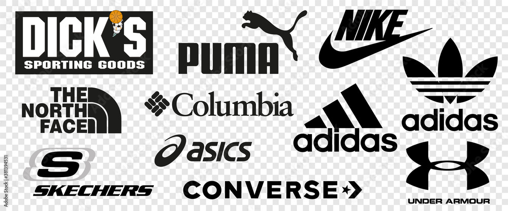 Pronunciar medios de comunicación Por el contrario Top 10 logos of popular sportswear brands. Logo Nike, Adidas, Under Armour,  DKS, Puma, Sketchers, Columbia Sportswear, ASICS, The North Face, Converse.  Vector illustration Stock Vector | Adobe Stock