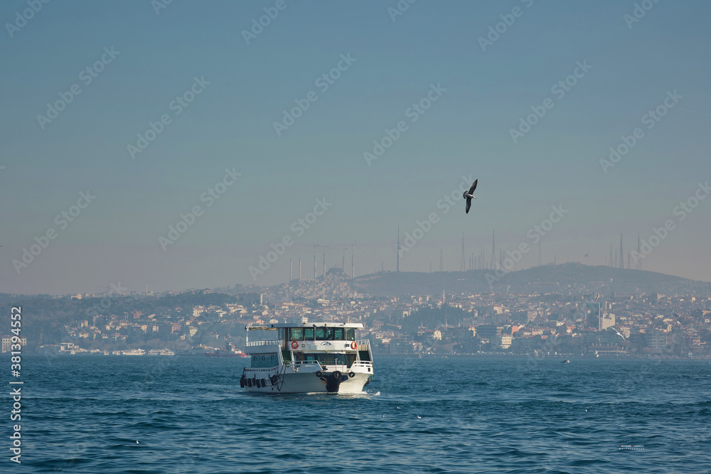 The boat sails through the Bosphorus. Istanbul.