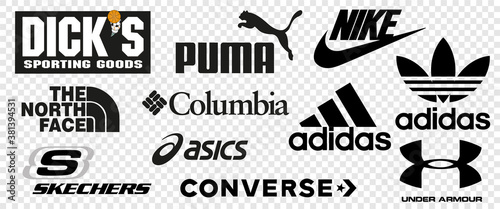 Top 10 logos of popular sportswear brands. Logo Nike, Adidas, Under Armour, DKS, Puma, Columbia Sportswear, ASICS, The North Face, Converse. Vector illustration vector de Stock | Adobe Stock