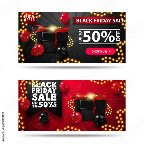 Black Friday Sale, up to 50%, set of horizontal banners with present boxes and balloons. Discount banners isolated on white background