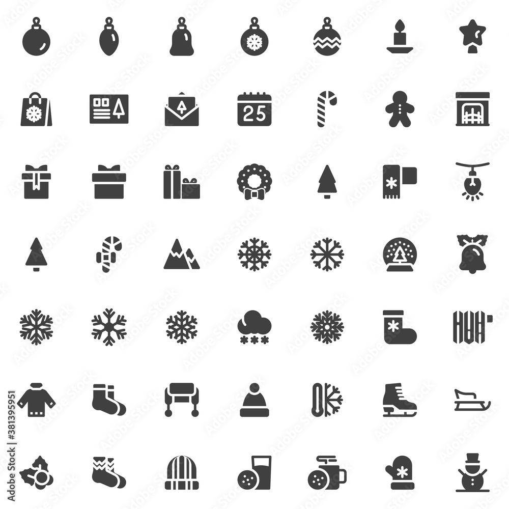 New year and Christmas vector icons set, modern solid symbol collection, filled style pictogram pack. Signs logo illustration. Set includes icons as xmas ball fireplace, winter hat, tree, ugly sweater New year and Christmas vector icons set, modern solid symbol collection, filled style pictogram pack. Signs logo illustration. Set includes icons as xmas ball fireplace, winter hat, tree, ugly sweater