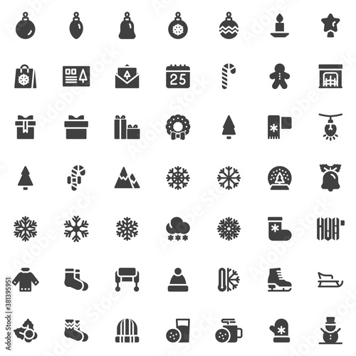New year and Christmas vector icons set, modern solid symbol collection, filled style pictogram pack. Signs logo illustration. Set includes icons as xmas ball fireplace, winter hat, tree, ugly sweater