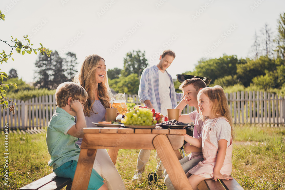 Photo full big family five people three little children dad make fried meat  mom have frindly chat kids wait dinner table sunny day house green park  fenced backyard outside outdoors Stock Photo