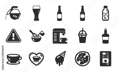 Beer glass  Coffee cocktail and Beer icons simple set. Ice cream  Coffee vending and Walnut signs. Espresso  Scotch bottle and Cooking whisk symbols. Water bottle. Flat icons set. Vector