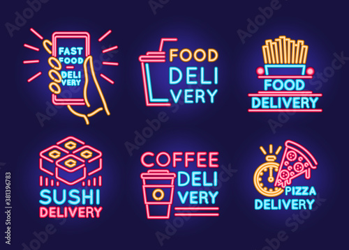 Food Delivery Neon Color Thin Line Icon Set. Vector