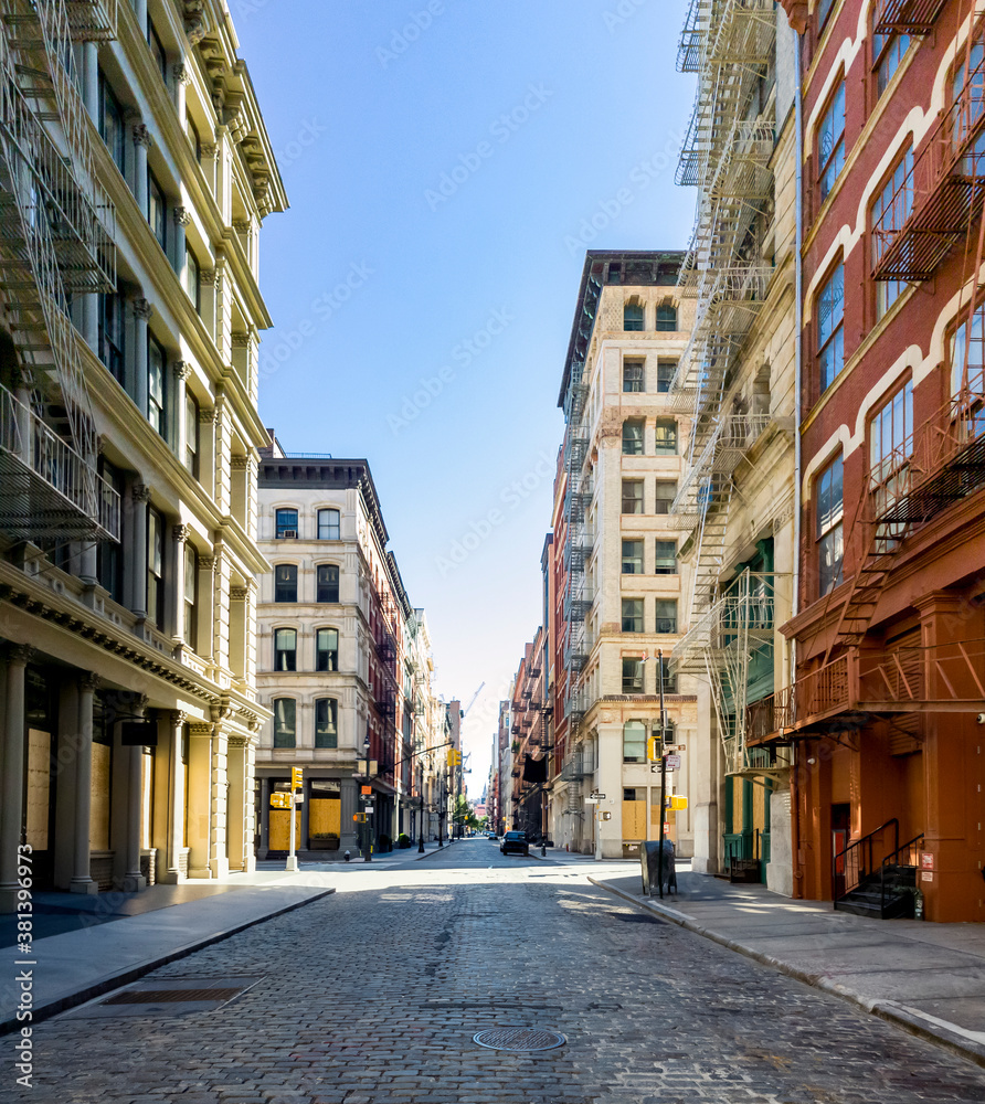 The streets and sidewalks are empty with no people during the coronavirus pandemic lockdown in the SoHo neighborhood of Manhattan in New York City 2020