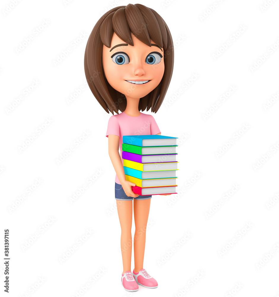 3d render illustration. Cheerful character girl holding a stack of books on a white background. 3d render illustration. Cheerful character girl holding a stack of books on a white background.