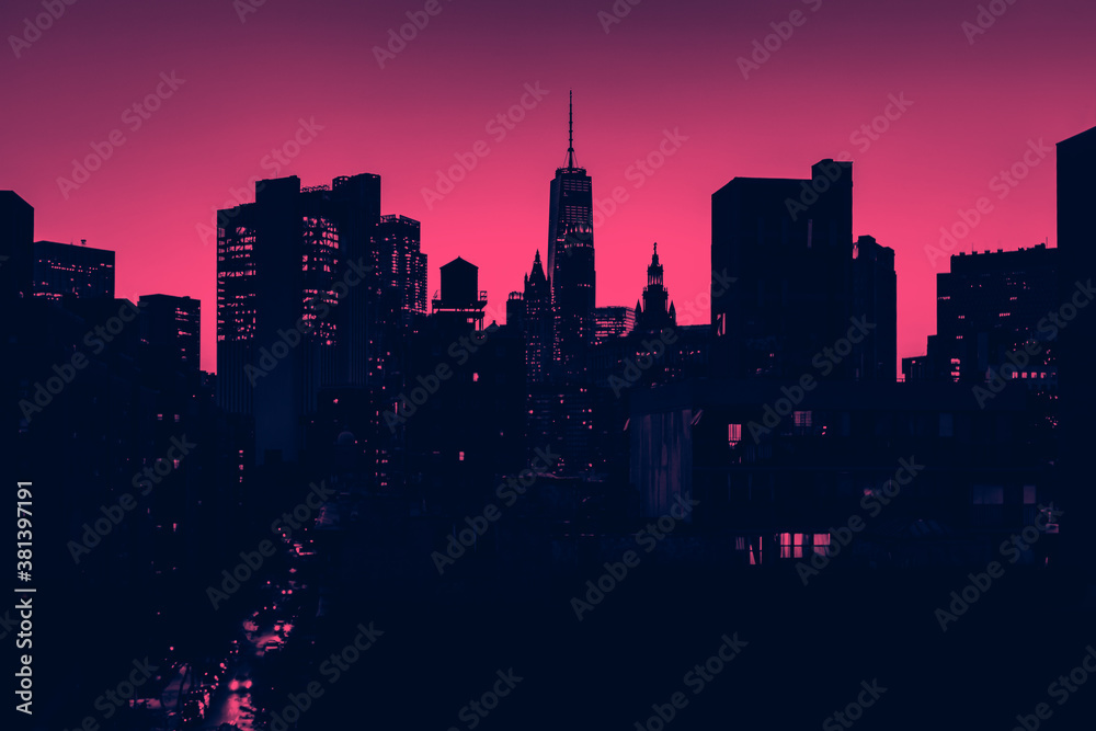 New York City skyline lights at night with pink and blue colors