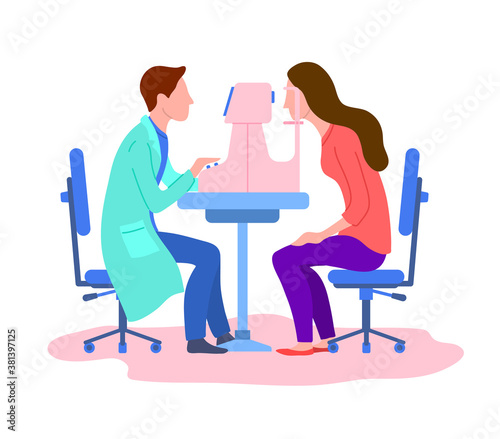 Cartoon Color Characters People and Ophthalmologist Checking Concept. Vector