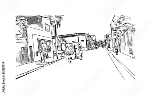 Building view with landmark of Bayamo is the capital city of the Granma Province of Cuba. Hand drawn sketch illustration in vector.