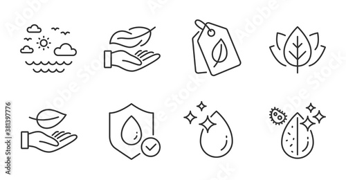 Waterproof, Leaf and Dirty water line icons set. Organic tested, Water drop and Bio tags signs. Lightweight, Travel sea symbols. Plant care, Aqua drop, Bio ingredients. Nature set. Vector