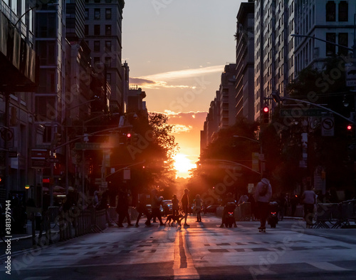 Sunset on the streets of New York City near Union Square Park during the coronavirus lockdown and curfew photo