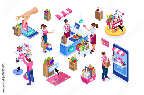 Goods purchases, cartoon set. Paying customers with trolley, supermarket line grocery. Supermarket customer, cartoon goods buying with trolley. Flat groceries purchaser collection, buyers group vector