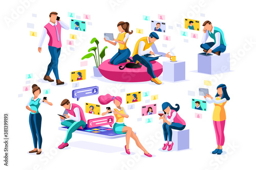 Social media, young girls chatting on female smartphones talking on video or social photos. Character app, photo and video on smartphone. Chat media group concept cartoon characters collection vector.