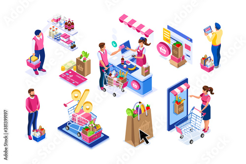 Goods purchases, cartoon set. Paying customers with trolley, supermarket line grocery. Supermarket customer, cartoon goods buying with trolley. Flat groceries purchaser collection, buyers group vector