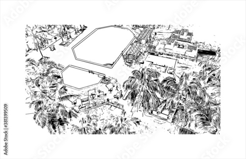 Building view with landmark of Bayamo is the capital city of the Granma Province of Cuba. Hand drawn sketch illustration in vector.