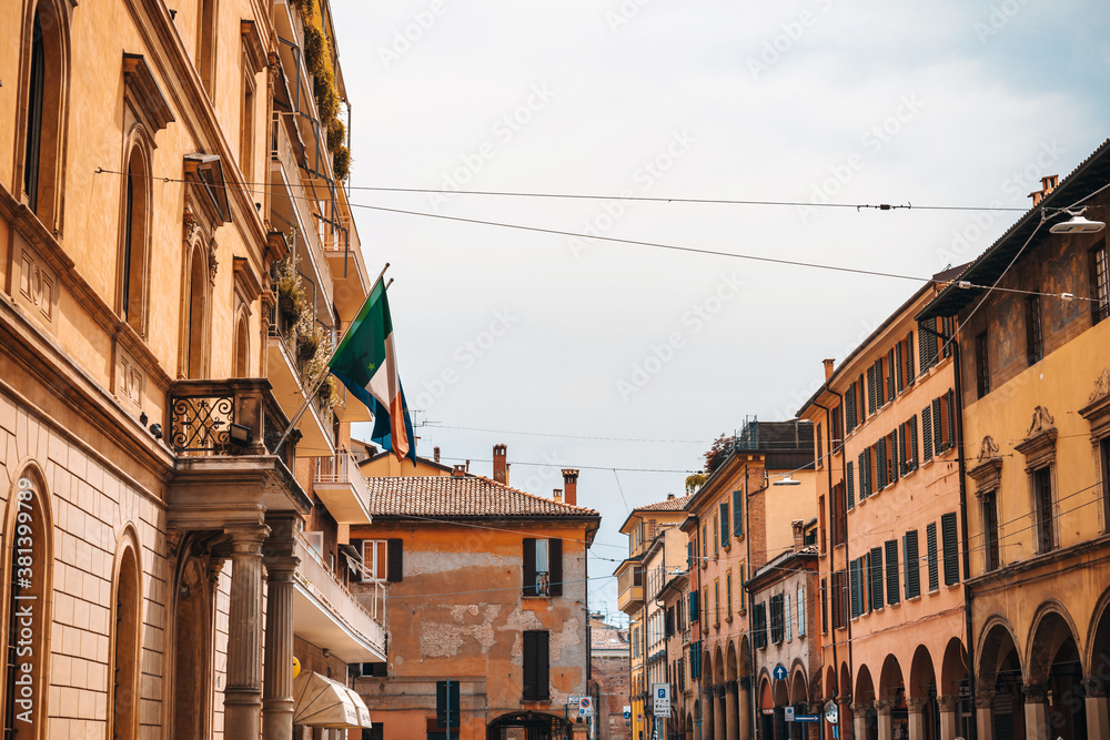 BOLOGNA, ITALY - May 27, 2018: Street view of downtown Bologna, Italy