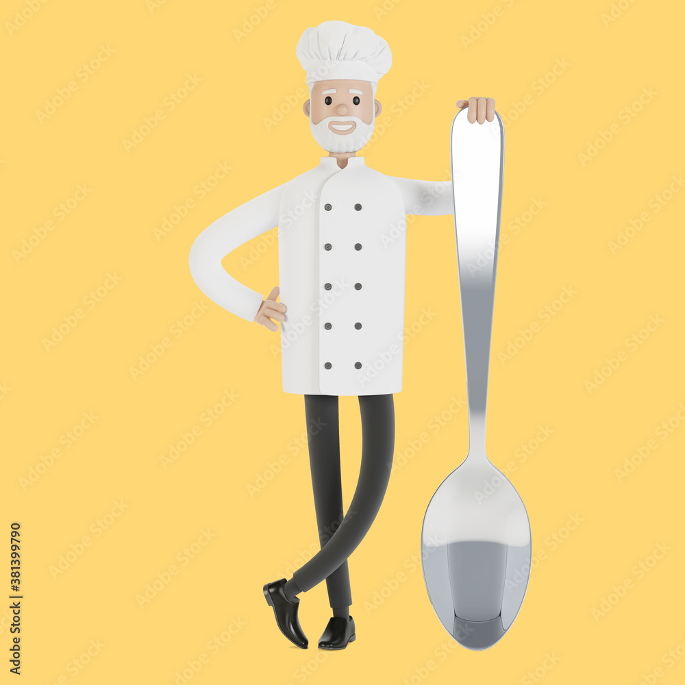 Chef with a large spoon. 3D illustration in cartoon style. Chef with a large spoon. 3D illustration in cartoon style.